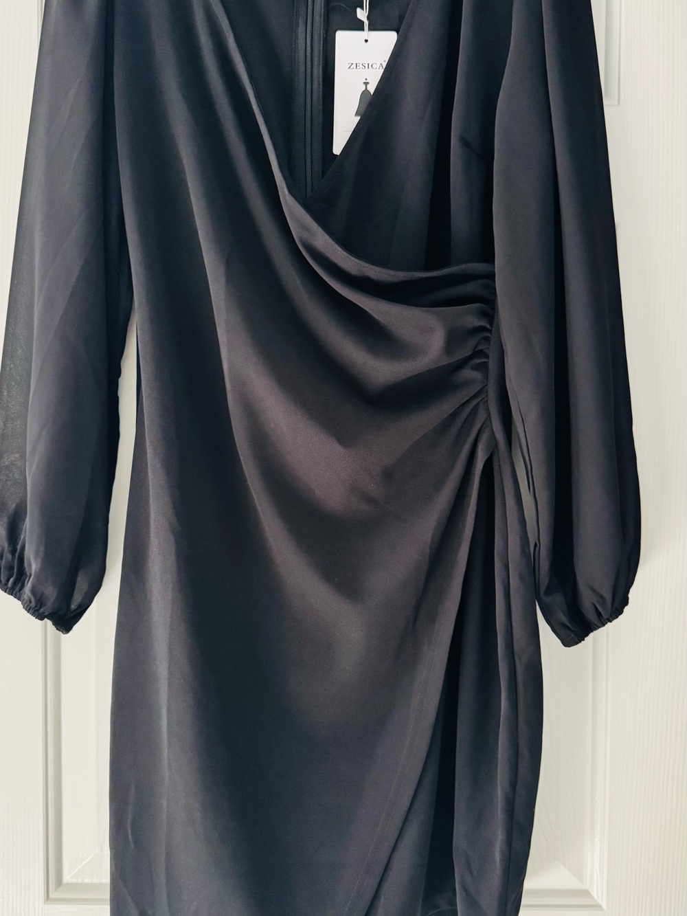 Amazon Black Midi Wrap Dress with Side Gather and Long Sleeves